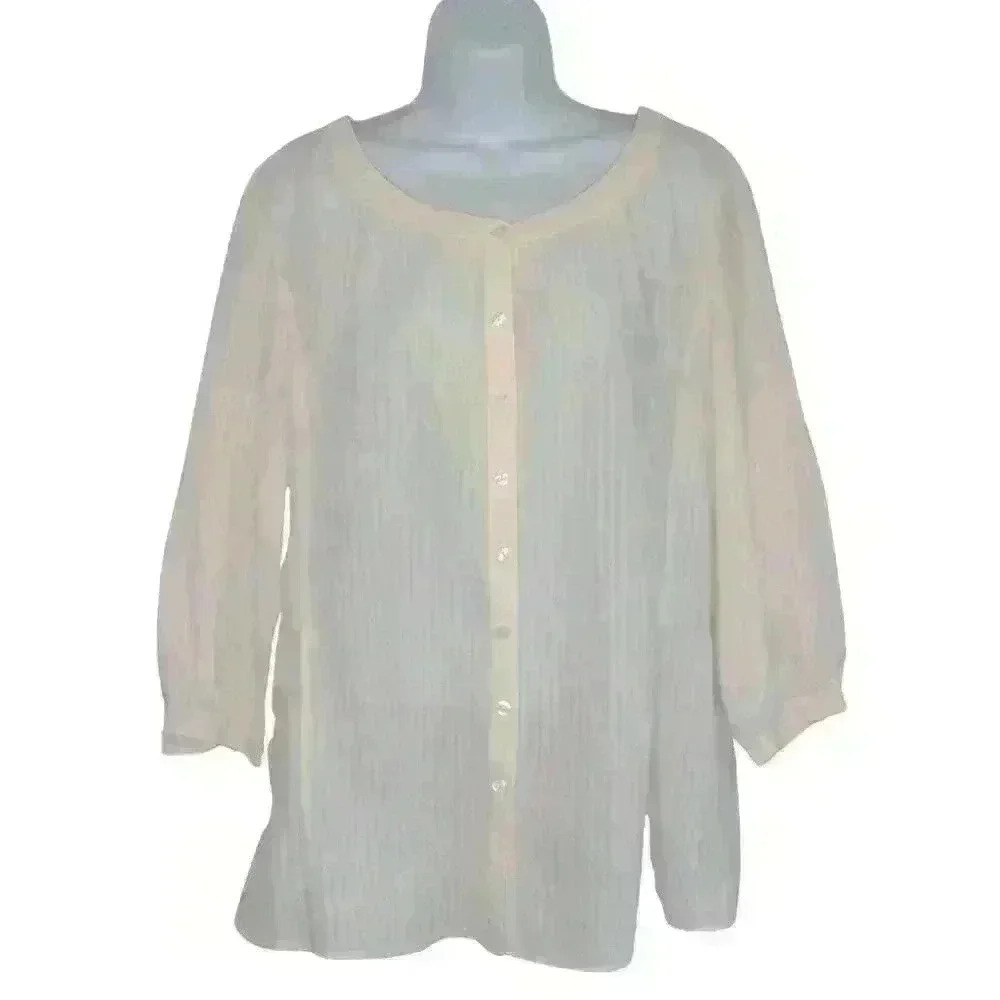 Chicos 2 top shirt button front scoop neck 3/4 sleeve Bohemian white stripe - Picture 2 of 6